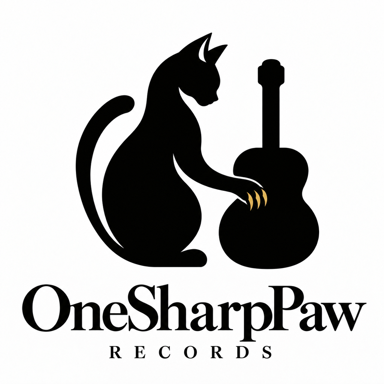 OneSharpPaw Records: a black cat touching a classical guitar with three golden claws.